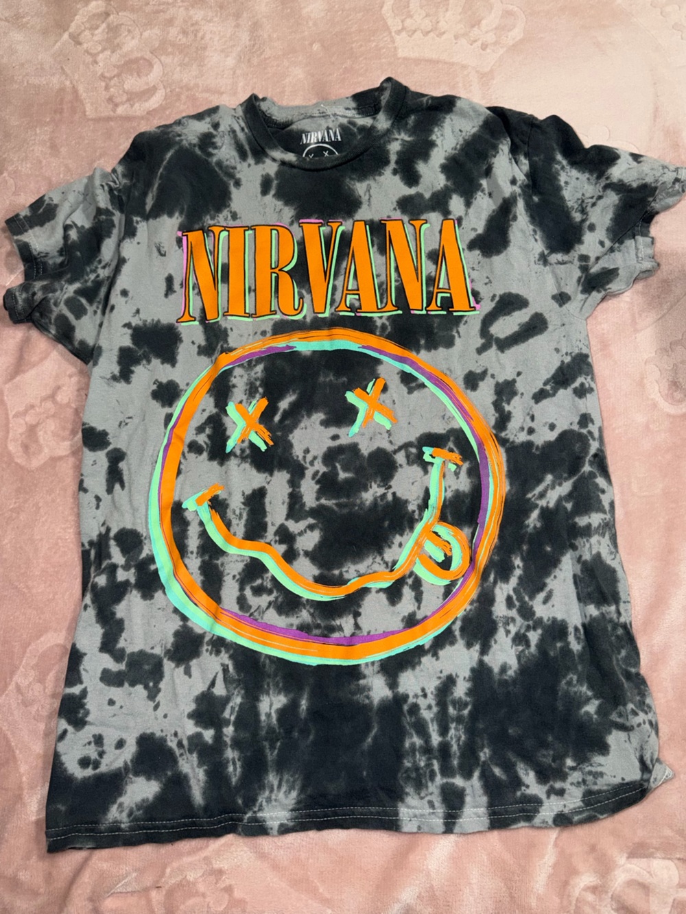 NIRVANA Black & Gray Tie-Dye Tee with Neon Multicolor Smiley